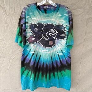 Vintage 90s YES English Rock Band Blue Tie-Dye Short Sleeve T-Shirt Size XL